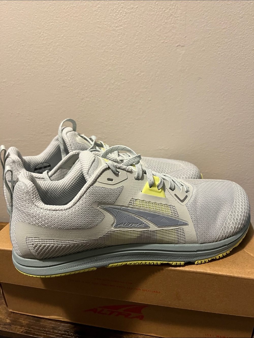 Altra Light Gray Athletic Shoes with Yellow Accents